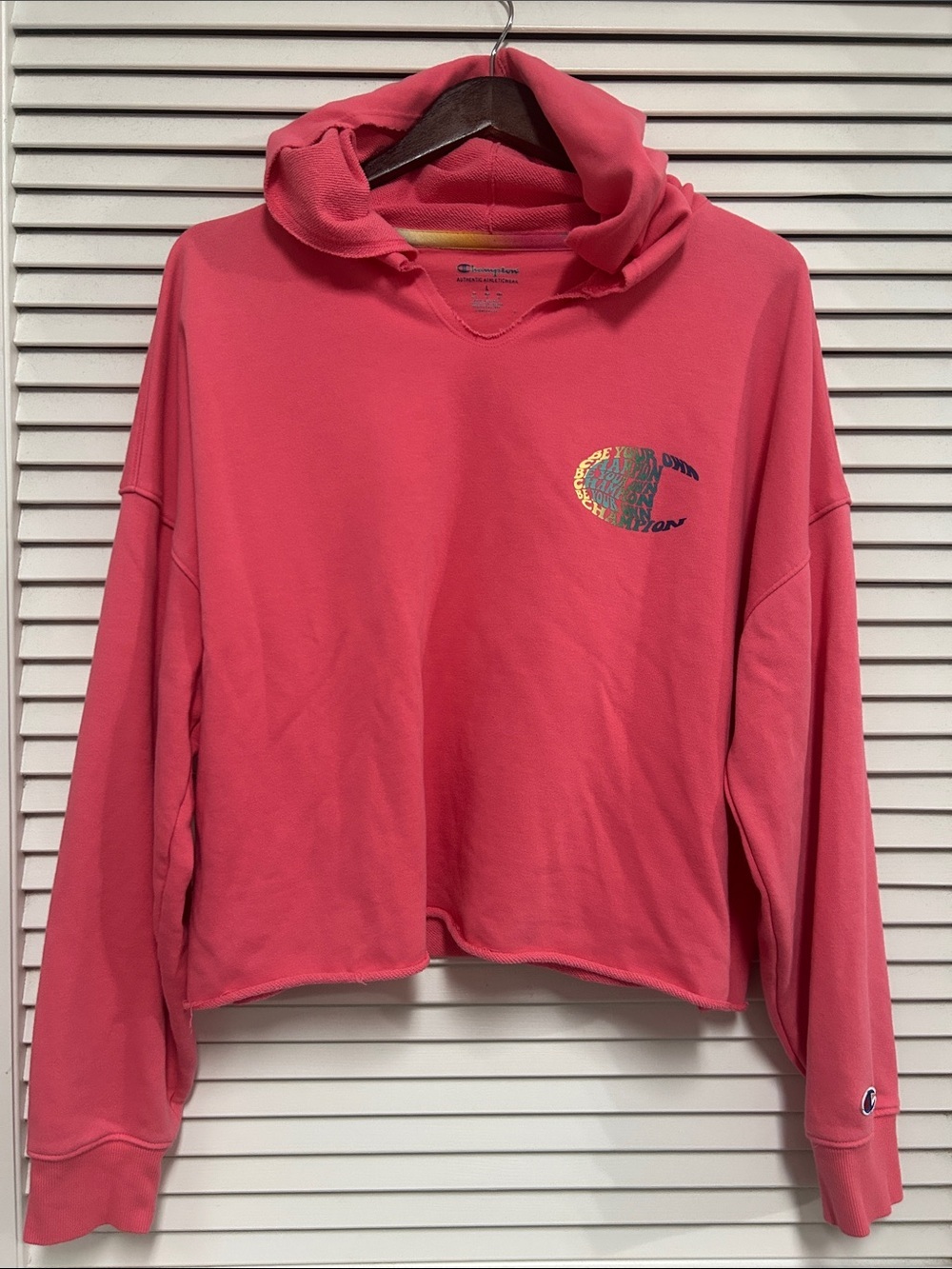 Champion Cropped Hoodie in Coral Pink with Small Chest Logo